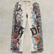 Trendy tapestry print fringed casual trousers