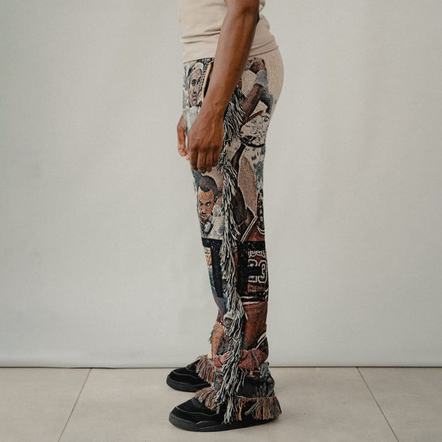 Trendy tapestry print fringed casual trousers