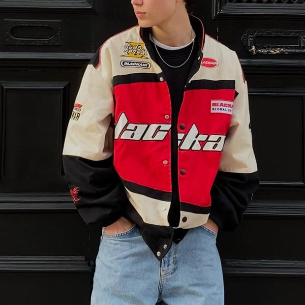 Street style statement color contrast racing jacket