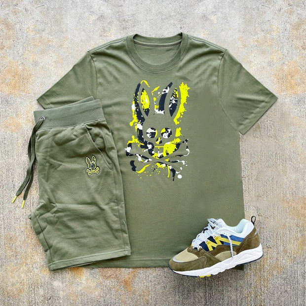Fashion Casual Army Green Rabbit Print Shorts Suit