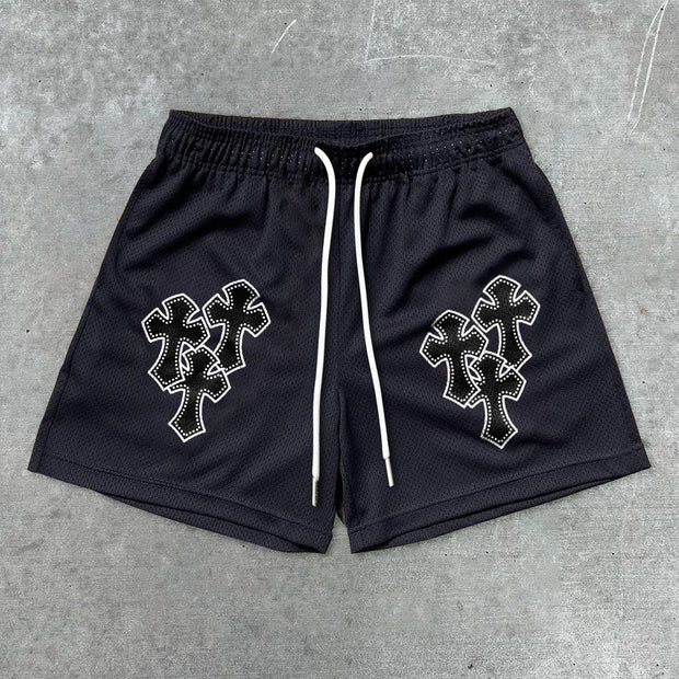 Trendy retro print mesh cross shorts