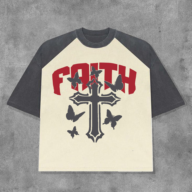Faith Cross Butterfly Contrast Color Print Short Sleeve T-Shirt