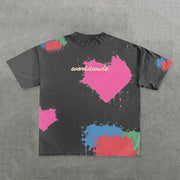 Heart Color Block Letter Print Short Sleeve T-Shirt