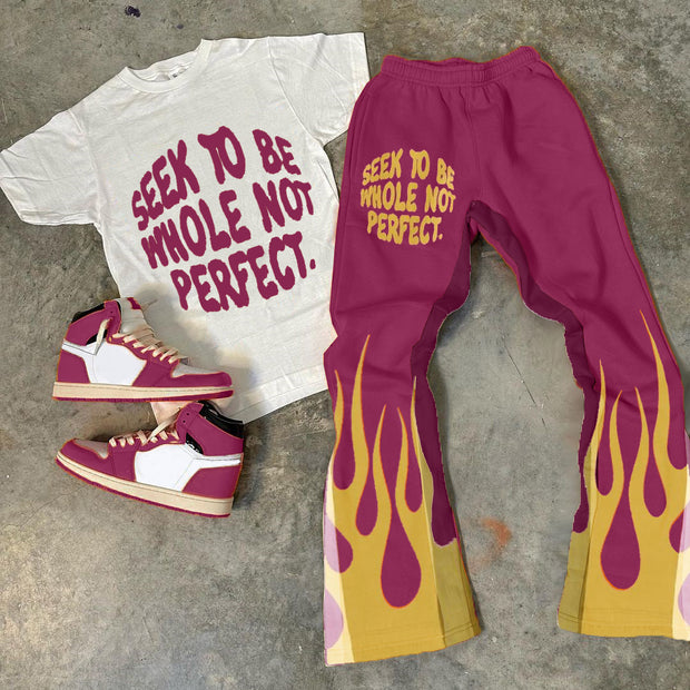 Flame & Letters Print T-Shirt Trousers Two-Piece Set