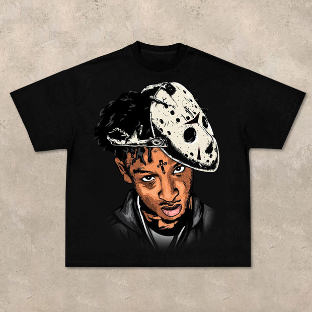 Big-faced rap star 21 Savage printed T-shirt