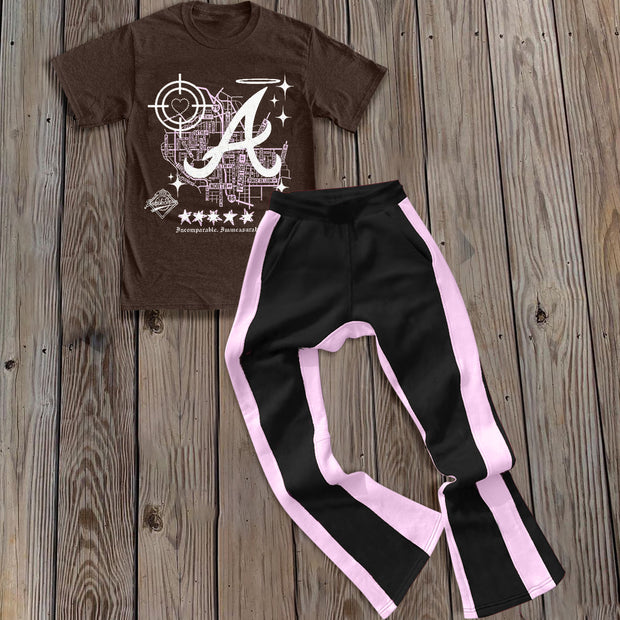 Fashion personality street style letter print T-shirt trousers two-piece set