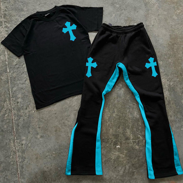 Cross Print T-Shirt Trousers Two-Piece Set