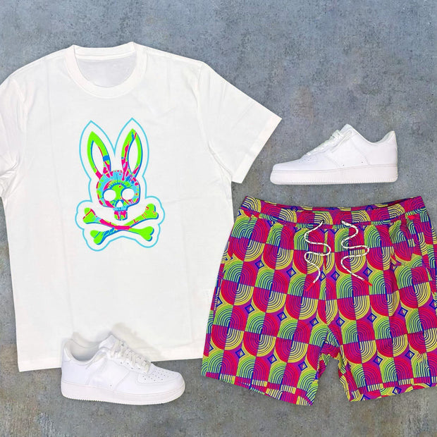 Fashion Preppy Rabbit Short Sleeve Shorts Two-Piece Set