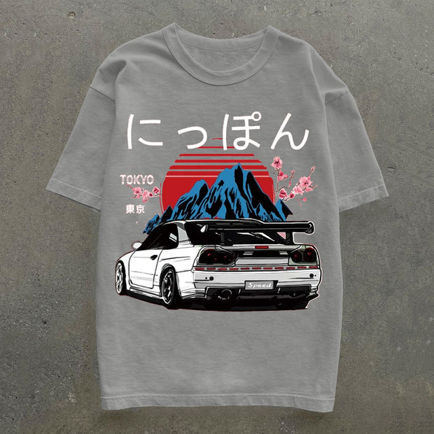 Japanese & Car Print Short Sleeve T-Shirt