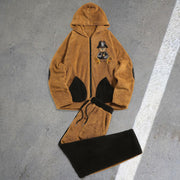 Fashion Plush Colorblock Zip Hoodie Sweatshirt Bear Print Set