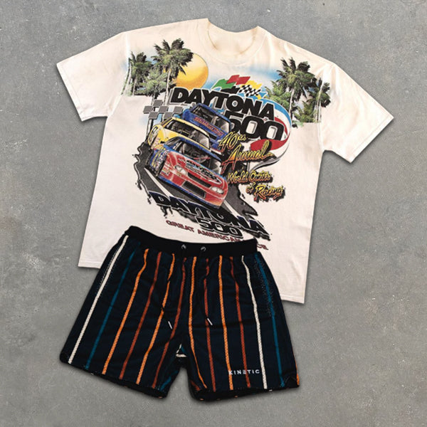 Racing Print Short Sleeve Striped Shorts Two-Piece Set