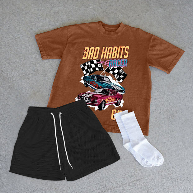 Vintage Racing Print T-Shirt Shorts Two-Piece Set
