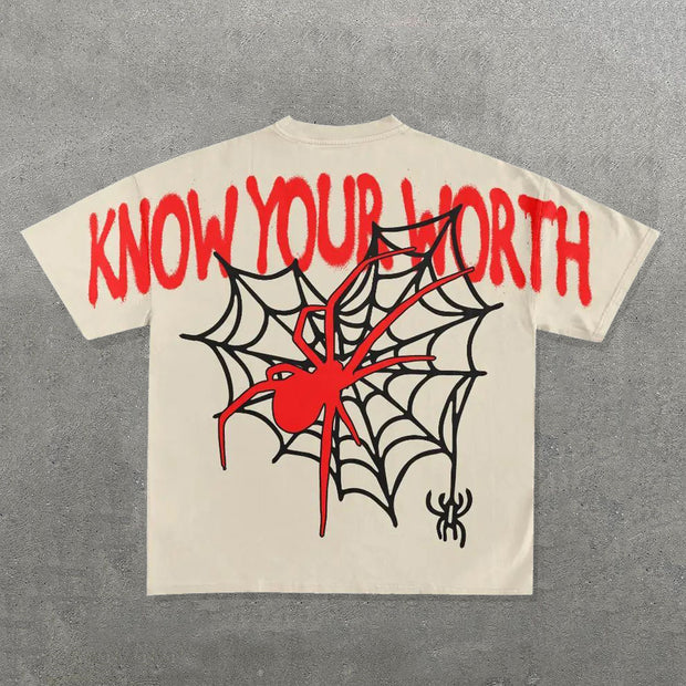 Know Your Worth Spider Web Print Short Sleeve T-Shirt