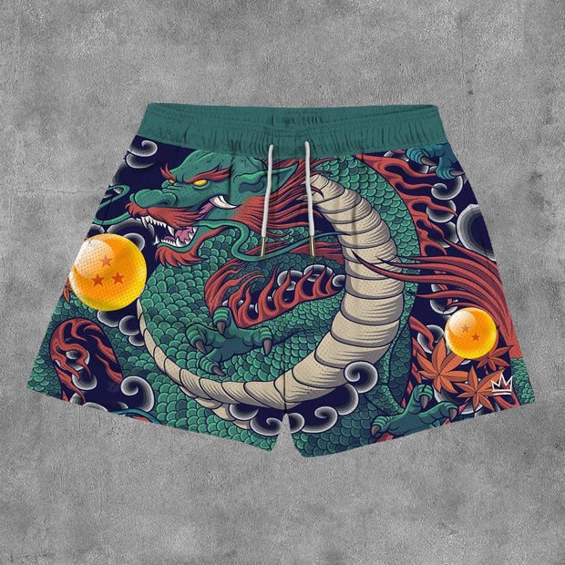 Anime Dragon Print Mesh Pocket Shorts