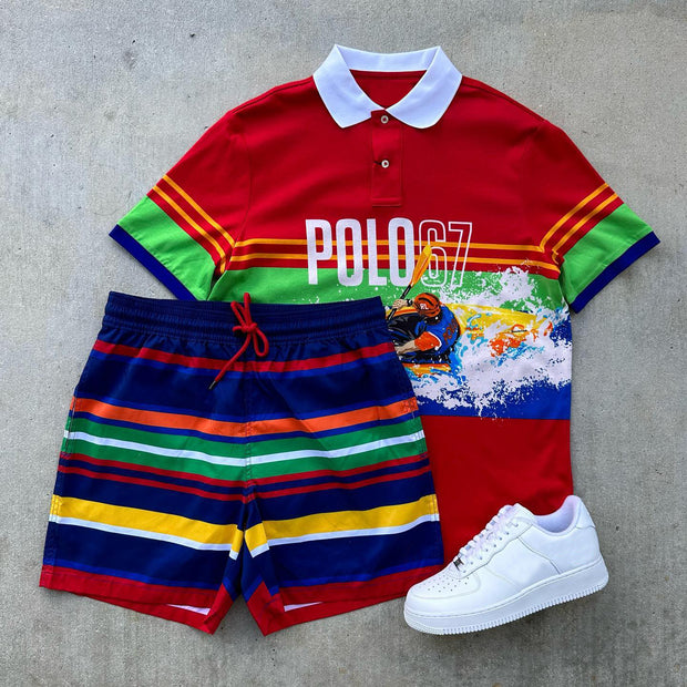 Fashion striped polo collar T-shirt shorts two-piece set