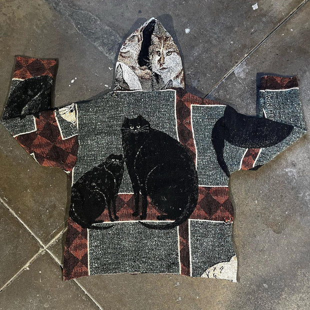 Retro Tapestry Hoodie with Cartoon Cat Pattern