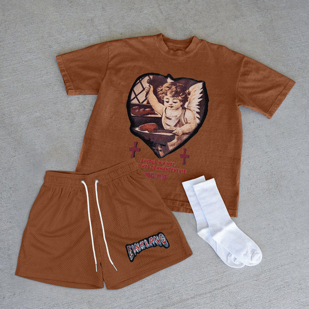 Casual Retro Angel T-Shirt Shorts Two-Piece Set