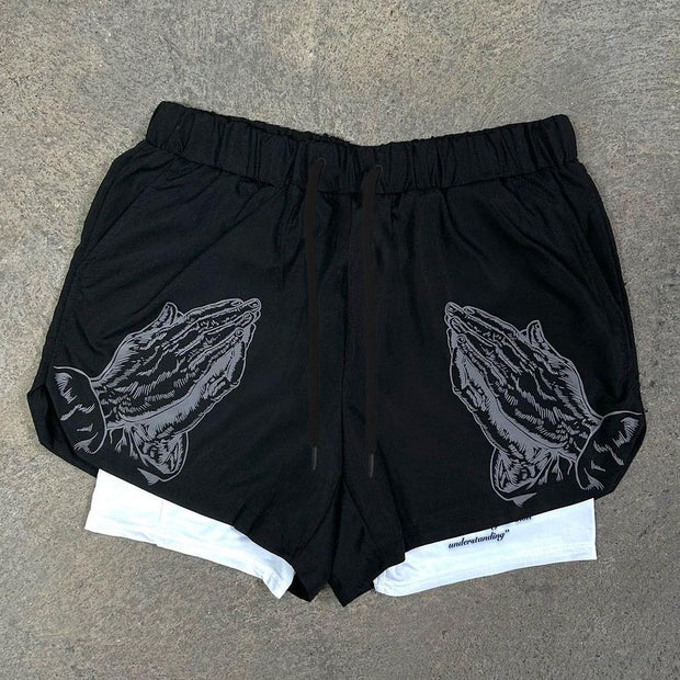 Casual Praying Hands Print Double Layer Quick Dry Shorts