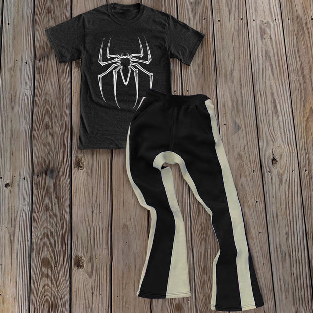 Personalized street style spider print T-shirt and trousers two-piece set