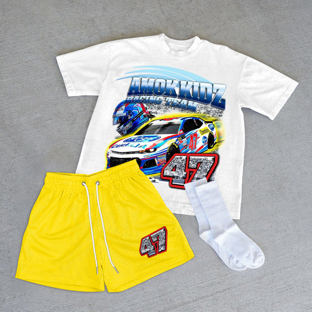Casual Preppy Racing T-Shirt Track Short Set