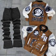 Casual personalized printed retro baseball team jacket and pants two-piece set