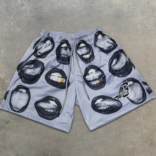 Mouth Graphic Print Elastic Shorts