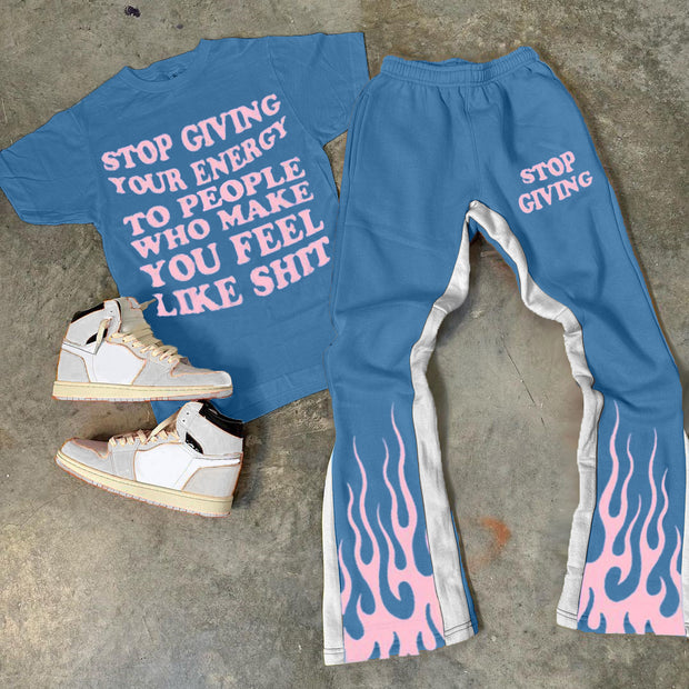 Flame Letters Print T-Shirt Trousers Two-Piece Set