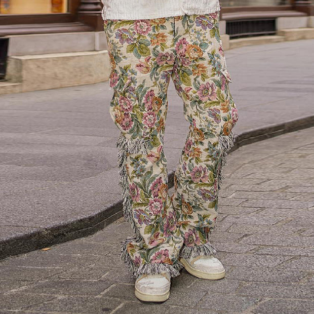 Tassel raw edge tapestry trendy street pocket trousers
