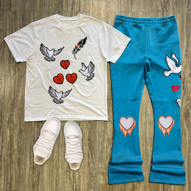 Casual personality pigeon print T-shirt trousers two-piece set