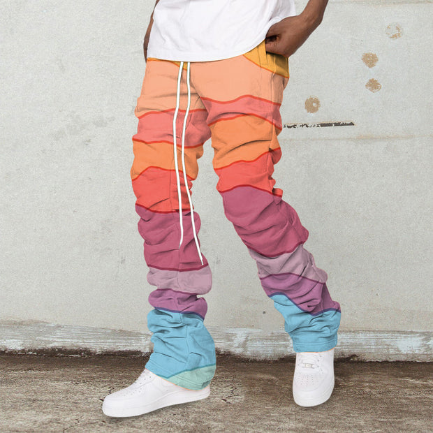 Rainbow Wave Print Tide Brand Stacked Hip-Hop Trousers