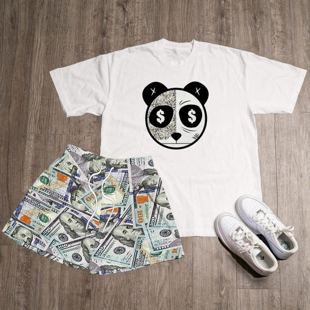 Money & Panda Print T-Shirt Shorts Two-Piece Set
