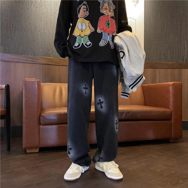 Jeans male high street ins tide brand loose straight mopping pants vibe American oldschool long pants