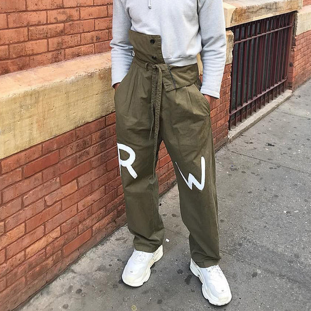 Trendy Army Green High Waist Street Workwear Casual Pants