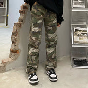 High street camouflage destruction design overalls street hole old washed loose straight denim trousers tide