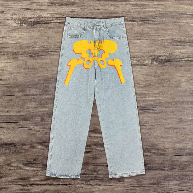 Casual Skull Print Light Color Jeans