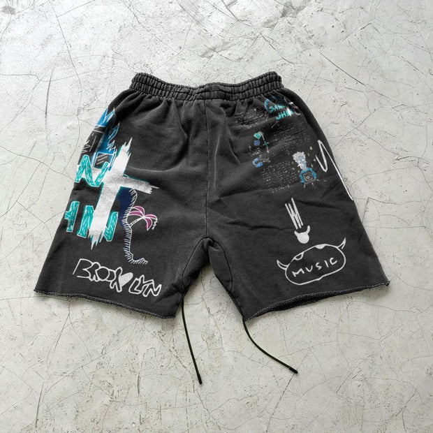 Graffiti rock trend retro print shorts