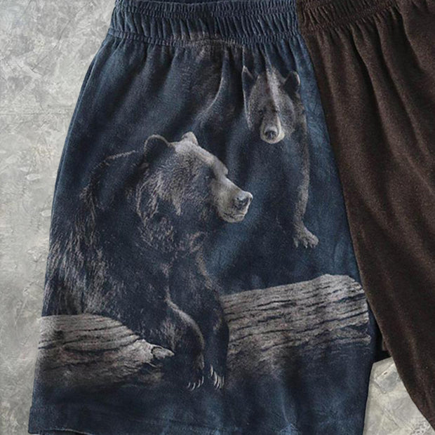 Retro bear print color block shorts