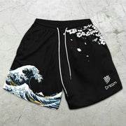 Wave Sakura Graphic Print Elastic Shorts