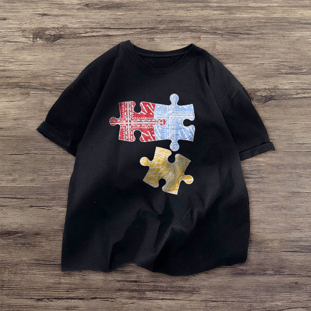 Personalized puzzle print short-sleeved T-shirt