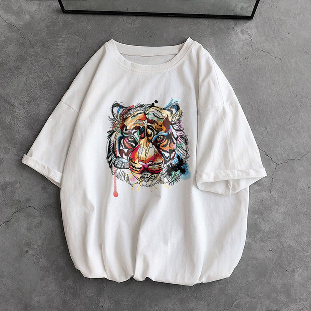 Crew neck tiger print short-sleeved T-shirt
