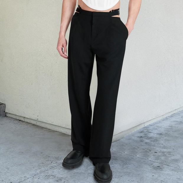 Solid color loose cutout suspender design suit trousers