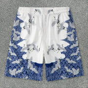 Crane Blue and White Loose Short Sleeve Shirt Casual Shorts Suit