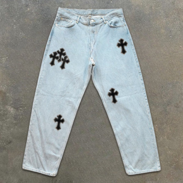 Cross Graphic Print Washed Light Jeans