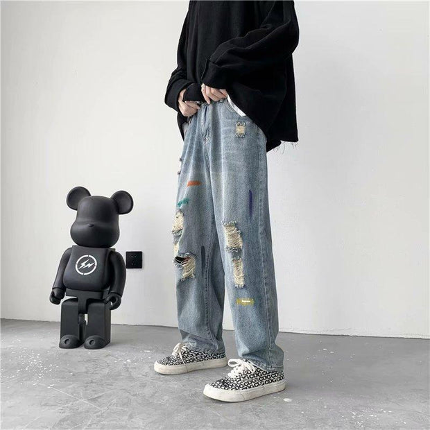 Ripped jeans men's thin section trendy brand wide-legged straight loose nine-point beggar daddy pants