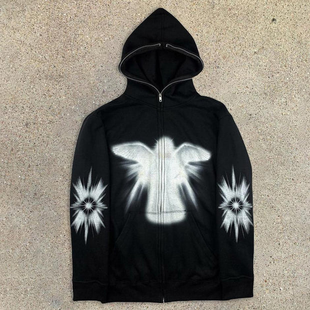 Fashion angel print zipper hooded sweatshirt for men and women