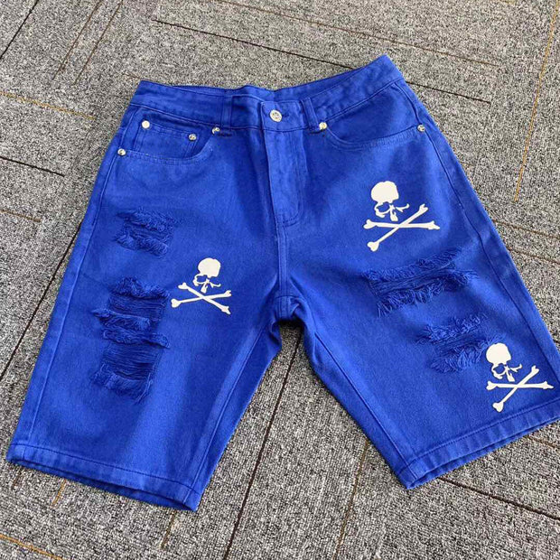 Street style skull ripped five-point shorts