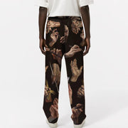 Loose straight-leg trousers with retro funny literary pattern