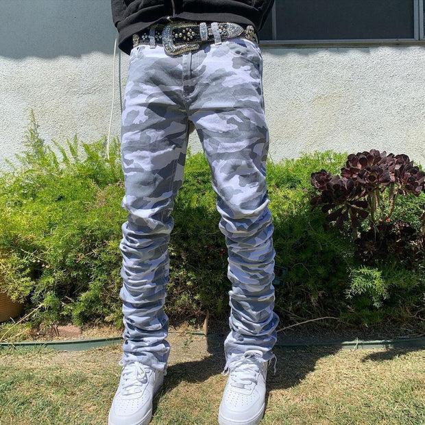 Personalized street style camouflage print men's denim trousers