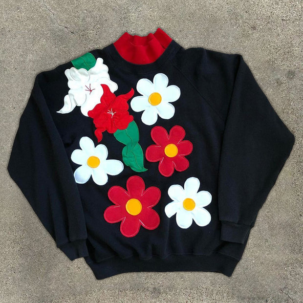 Street casual red and white flower pattern long-sleeved hoodless sweater