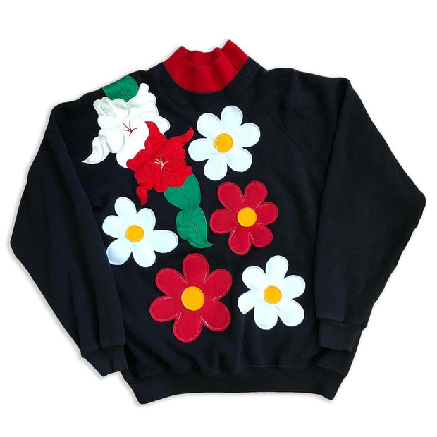 Street casual red and white flower pattern long-sleeved hoodless sweater